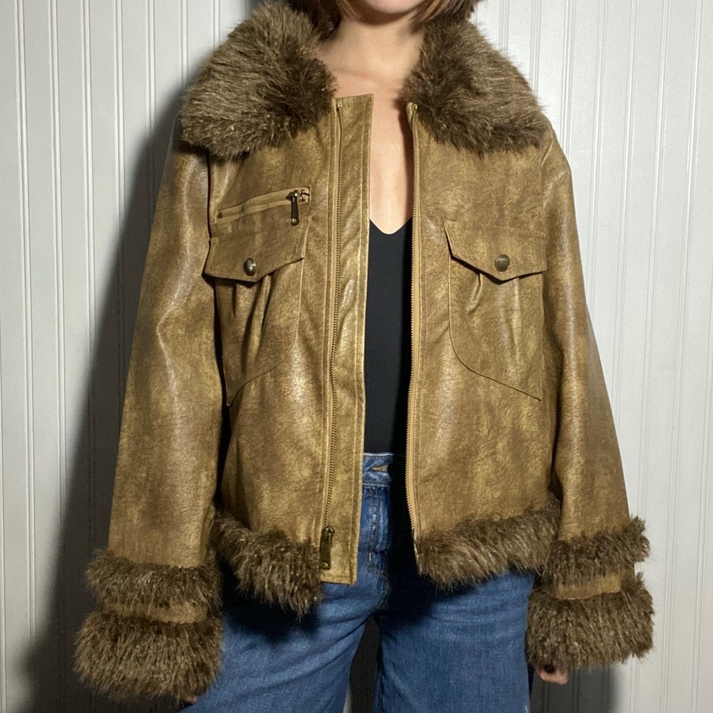 NEW Y2K Style Caramel Brown Acid Wash Faux Fur Vegan Leather Moto Jacket - 1X